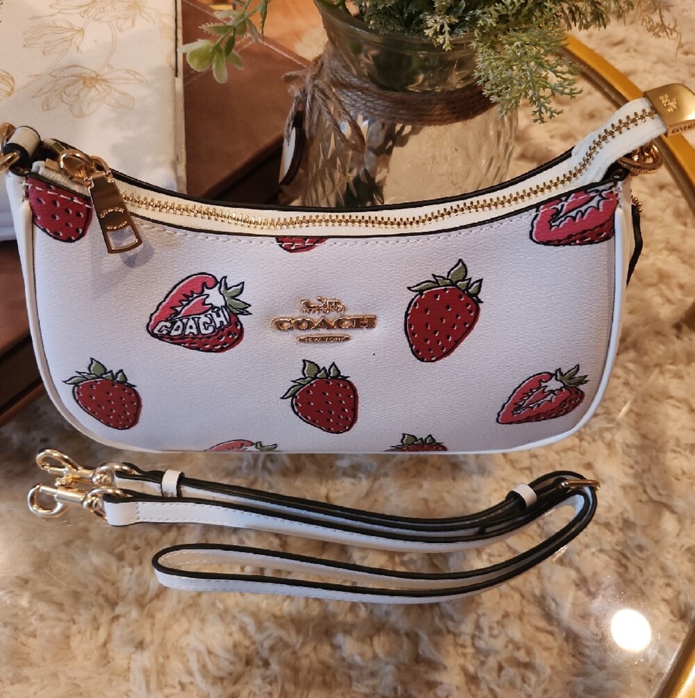 COACH White Leather Mini Bag with Strawberry Print and Gold Hardware - Picture 7 of 9